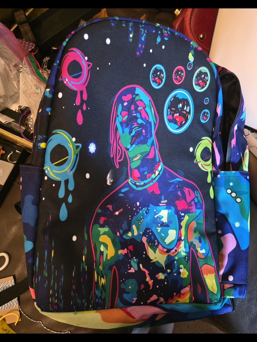 Travis Scott Neon Psychedelic Astronaut Graphic Backpack - Black Multicolor
